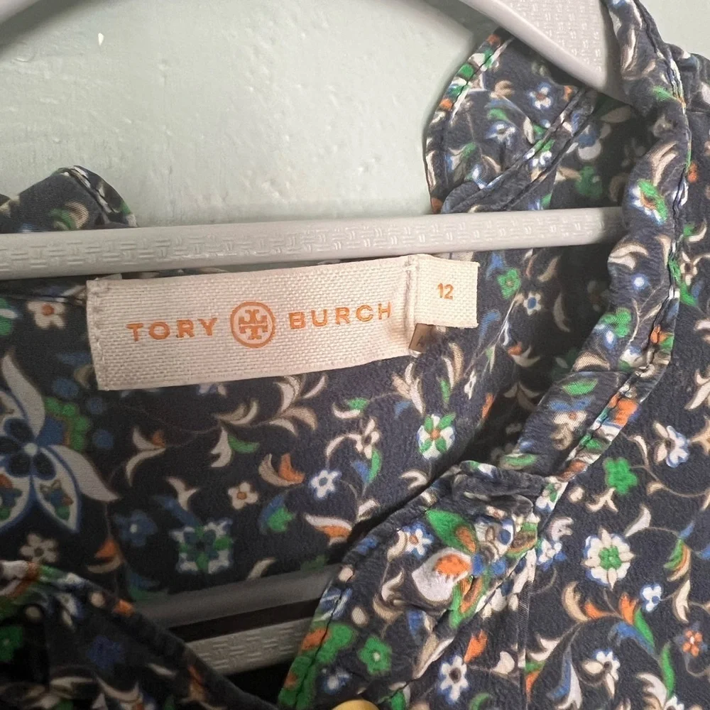 Tory Burch blue floral print silk blouse whimsical fairy dainty short sleeve